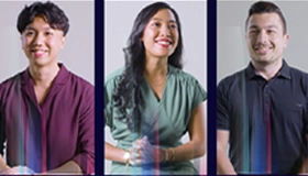 Three diverse professionals smiling, representing Hays team and our story